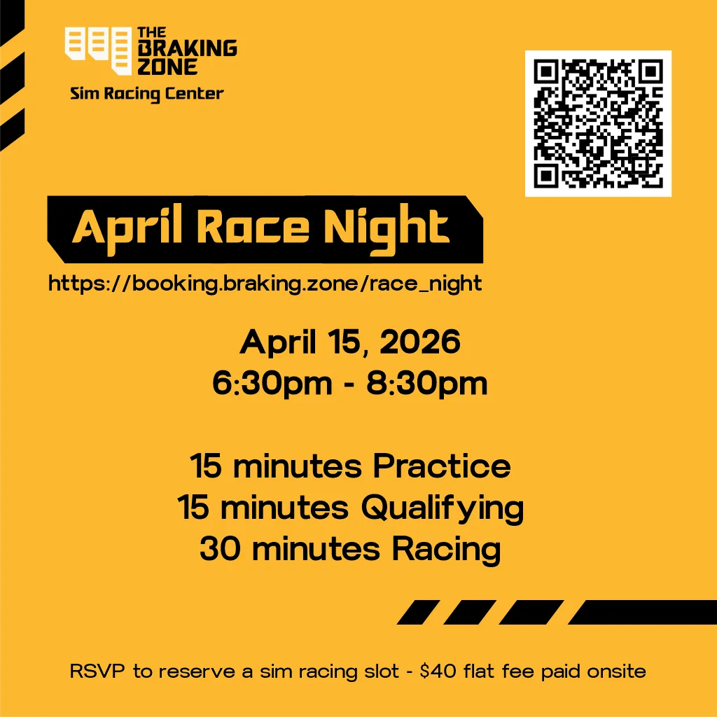 Our first monthly Race Night Wednesday, April 15, at 6:30pm